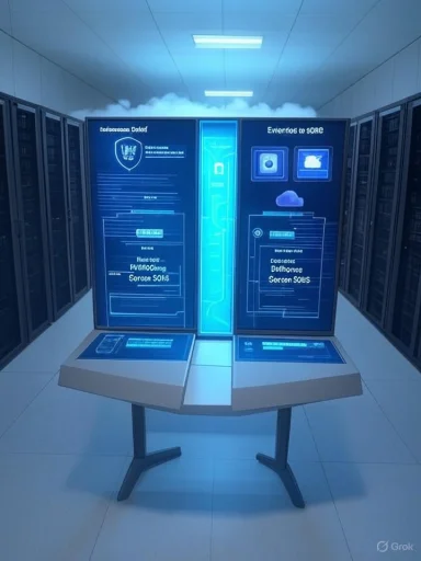 A futuristic data center with glowing blue panels and a central interactive kiosk.