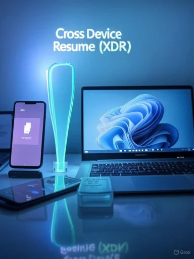 A blue-lit desk setup showcasing Cross Device Resume (XDR) with laptop, smartphone, and a glowing lamp.