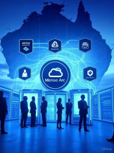 Futuristic blue data-center scene highlighting Microsoft Arc cloud platform and connected services.