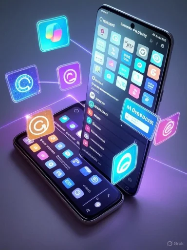 Futuristic scene with two smartphones and glowing holographic app icons floating around.