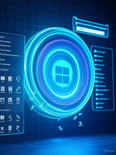 Futuristic blue holographic Windows interface with glowing circular rings and panels.