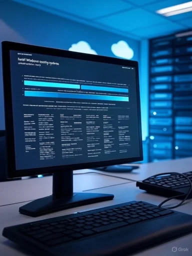 A desktop monitor shows data dashboards in a blue-lit server room.