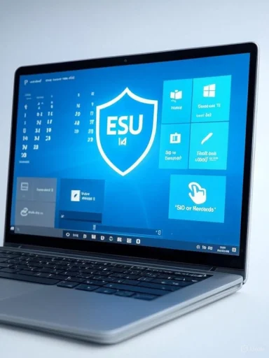A laptop screen displays a blue Windows-style dashboard with a large ESU shield logo.