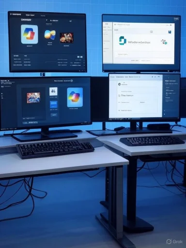 A four-monitor computer workstation on two white desks with blue lighting.