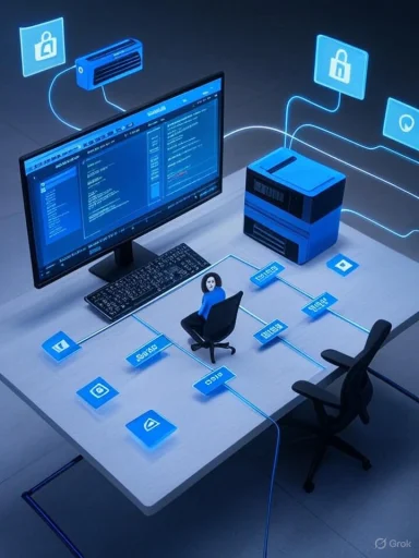 Futuristic workstation with a person at the center, blue network lines and security icons around a PC.
