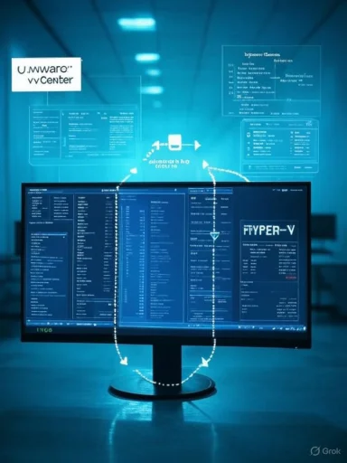Blue holographic dashboards surround a monitor displaying VMware vCenter and Hyper-V.