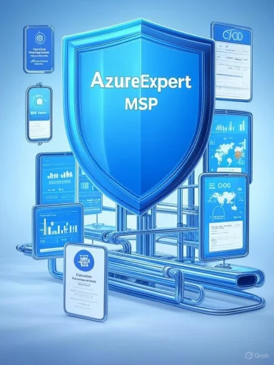 Blue shield marked 'AzureExpert MSP' surrounded by floating dashboards and charts.