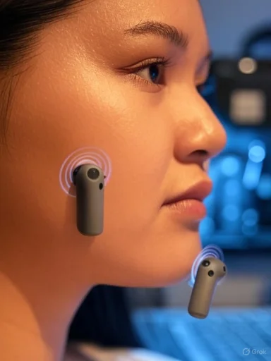 Profile of a woman wearing cheek-mounted wireless devices with ripple rings.