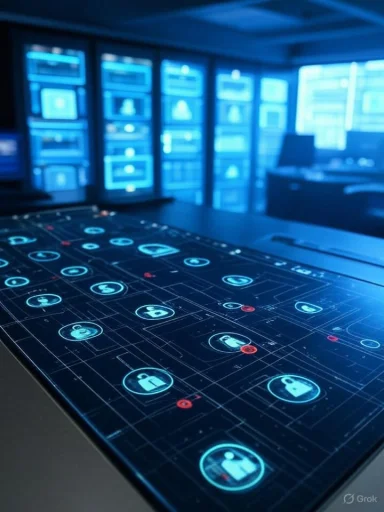 Futuristic control room with a glowing touchscreen displaying user icons and blue server racks.