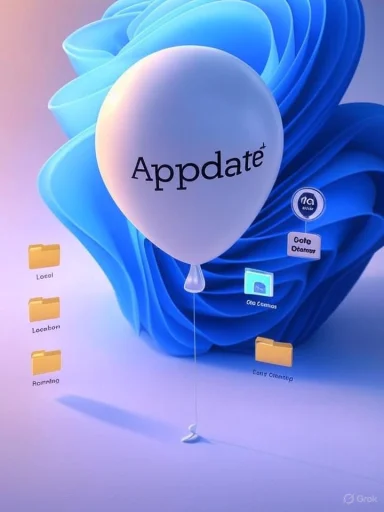 A white balloon labeled Appdate floats in front of a blue abstract wallpaper with yellow folders.