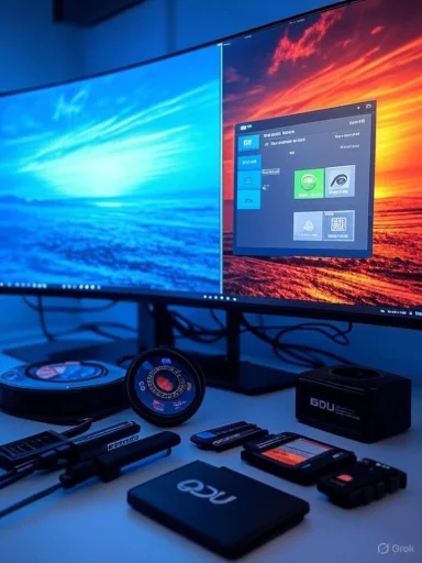 Two curved monitors show a split ocean and sunset wallpaper over a gadget-filled desk.