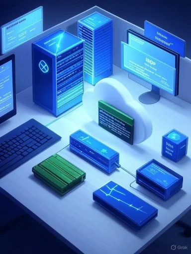 Futuristic data center with cloud storage icons, glowing blue servers and multiple screens.