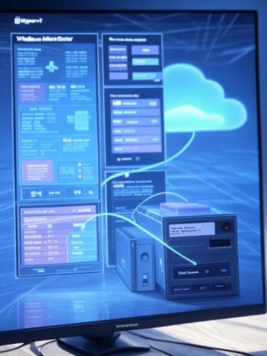 A blue cloud-themed dashboard is displayed on a monitor with server panels.