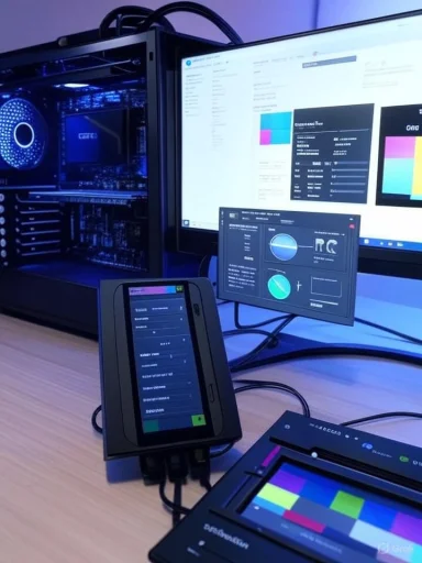 Blue-lit PC setup with a tower, monitor dashboards, and a handheld control device.