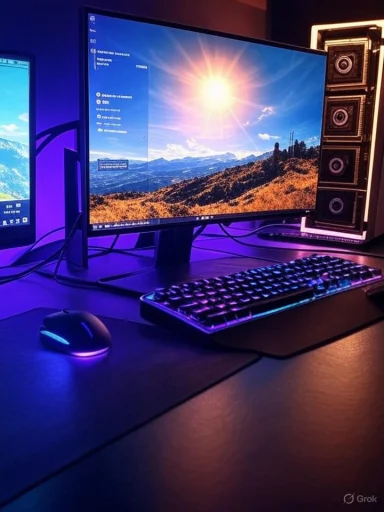 RGB-lit gaming desk with curved monitor, sunny landscape wallpaper, mechanical keyboard, and glowing mouse.