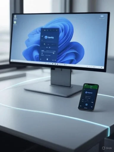 A sleek desktop setup with a monitor and a smartphone showing an app.