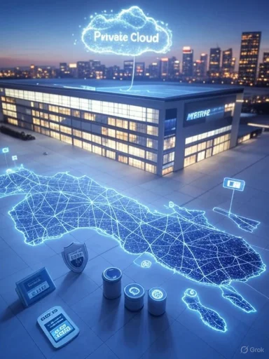 Futuristic private cloud visualization projected over a glowing map of Italy.