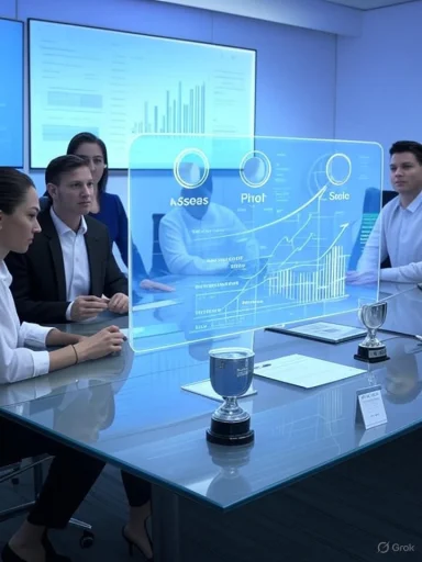 A group of professionals reviews a holographic data dashboard in a futuristic boardroom.