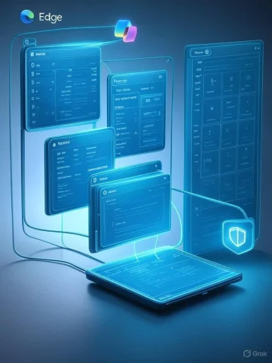 Futuristic blue holographic dashboards hover around a tablet labeled Edge.