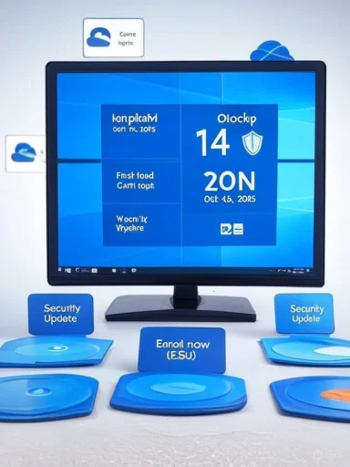 A Windows-style blue display on a monitor, surrounded by security-update tiles and circular discs.