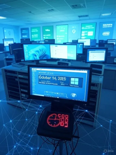 Blue-toned data center with rows of monitors and a red digital timer in the foreground.