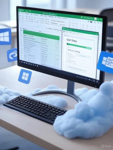 A desktop monitor displays spreadsheets and data, surrounded by fluffy blue clouds.
