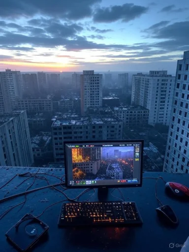 Rooftop computer setup overlooking a city skyline at sunset.
