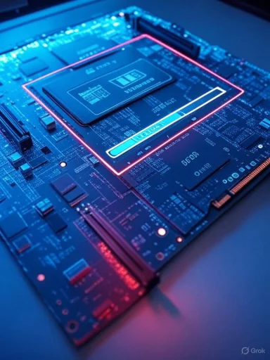Close-up of a blue-lit motherboard featuring a highlighted CPU chip.