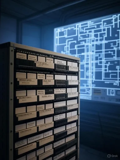 A server rack with labeled modules in a data center, illuminated by a glowing blue circuit diagram on the wall.