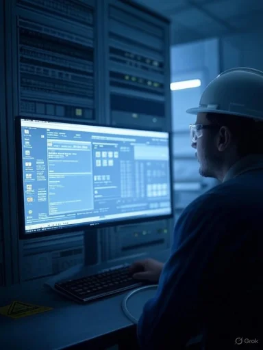 A technician in a hard hat monitors a computer in a data center.