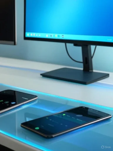 A computer monitor glows blue as two smartphones rest on a glass desk.