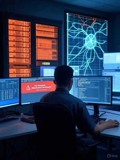 A technician monitors multiple screens in a blue-lit control room with a neural-network display.