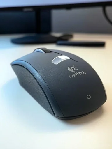 A Logitech wireless mouse on a white desk with a monitor in the background.