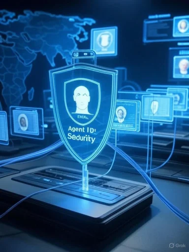 Blue holographic shield labeled Agent ID Security hovers above a laptop, linked to digital IDs.