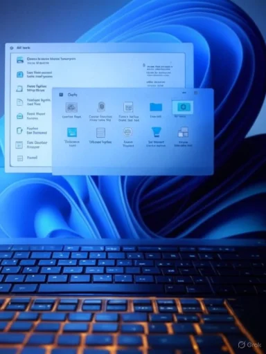 A laptop with a glowing keyboard and overlapping windows on a blue abstract wallpaper.