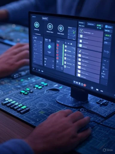 A technician operates a blue-lit, high-tech control console with multiple screens.