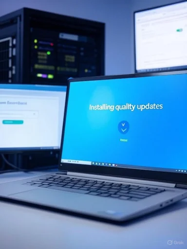Laptop installing quality updates in a server room.