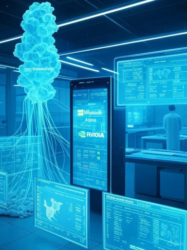 Futuristic lab with a glowing blue organism and holographic data displays.