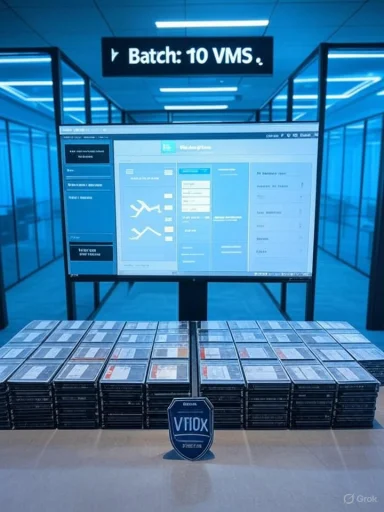 Blue-lit data lab with a monitor above rows of stacked storage drives labeled 'Batch: 10 VMS.'