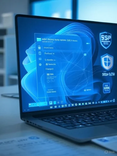 A laptop screen glows blue with a futuristic holographic interface.