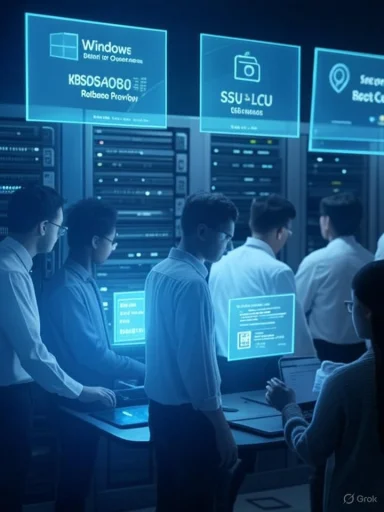 IT professionals in a data center monitor holographic screens above server racks.