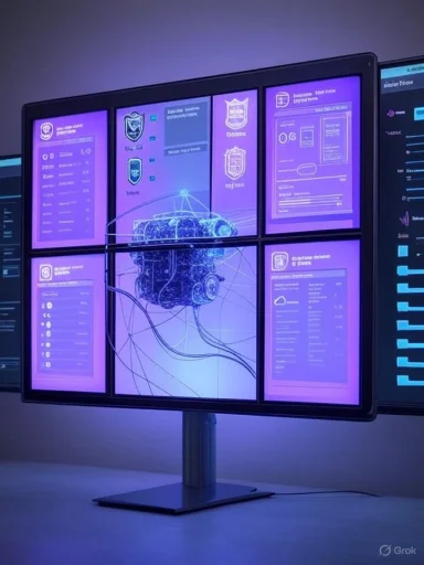 A six-panel purple display showing a complex machine schematic.