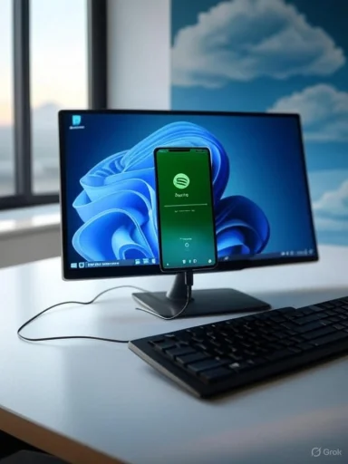 Smartphone docked in front of a monitor displaying Spotify on a tidy desk.