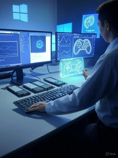 Scientist at a multi-monitor setup analyzes data with holographic prototypes in a blue-lit lab.