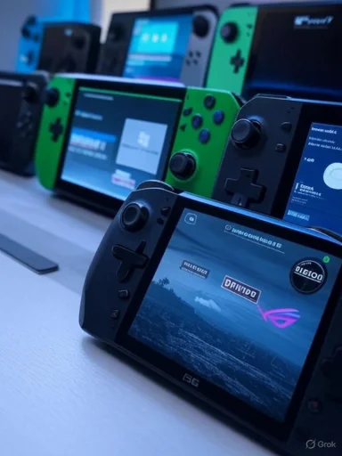 Several Nintendo Switch handheld consoles in different colors lined up on a desk.