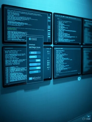 Row of blue-tinted computer screens filled with code, with a tall central display panel.
