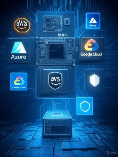A futuristic circuit hub displaying major cloud logos like AWS, Azure, and Google Cloud.