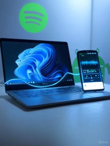 A sleek laptop paired with a smartphone, linked by a glowing blue line in a modern workspace.