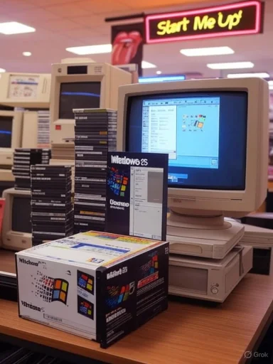 Retro computer shop with CRT monitors, stacked software boxes, and a neon 'Start Me Up' sign.