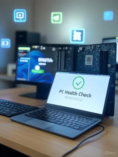 Laptop shows a PC Health Check screen with a green checkmark.
